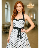 Comprar vestido vintage de poá com laço feminino branco com estilo retrô, anos 60, 80 e caimento elegante  em promoção ANELLIMN